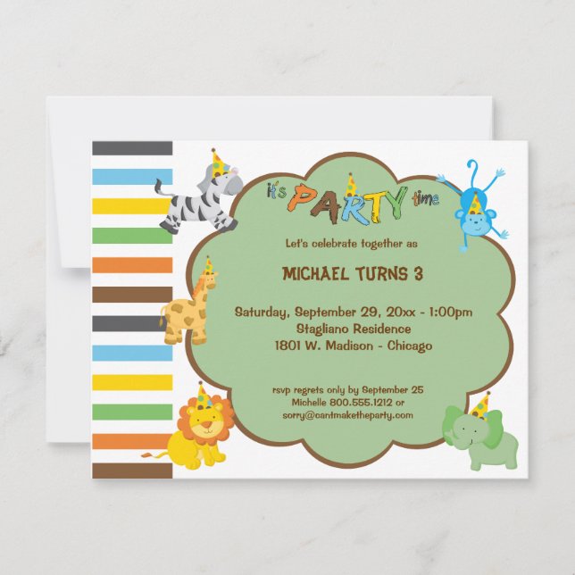Invitación al Personalizable de animales coloridos (Anverso)