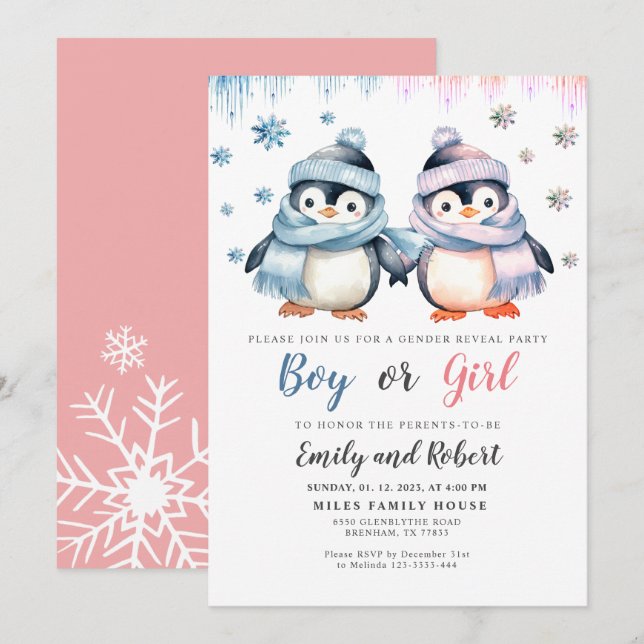 Invitación al pingüino de Baby Shower (Anverso / Reverso)