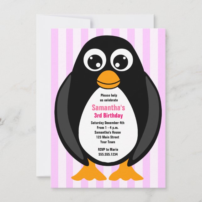 Invitación al pingüino de fiesta de cumpleaños Per (Anverso)