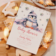 Invitación al pingüino rosado de Baby Shower