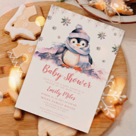 Invitación al pingüino rosado de Baby Shower