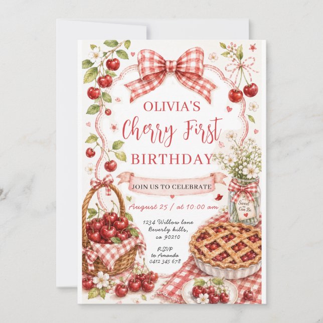Invitación al primer cumpleaños Cherry Sweet (Anverso)