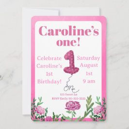 Invitación al primer cumpleaños con globo de rosa