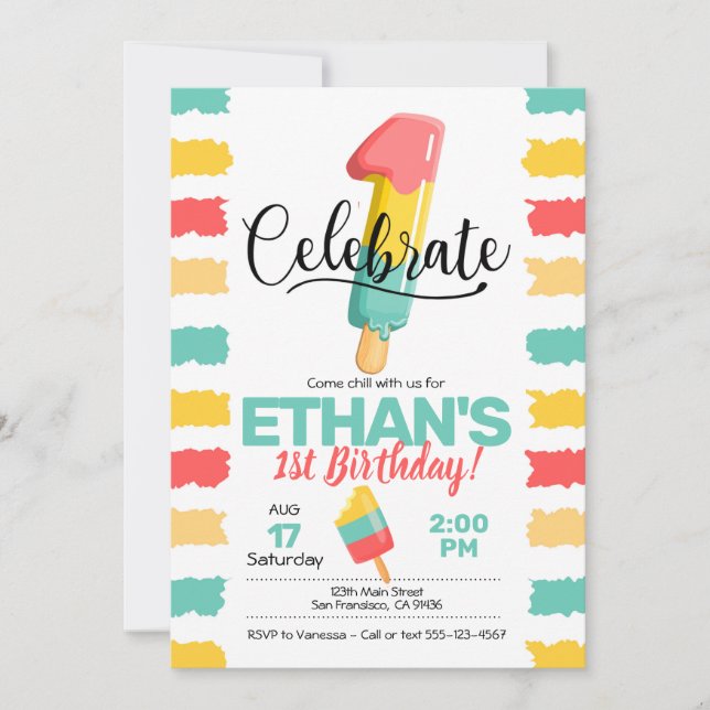 Invitación al primer cumpleaños con Popsicle (Anverso)