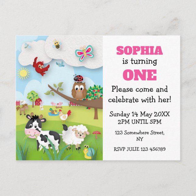 Invitación al primer cumpleaños de animales de gra (Anverso)