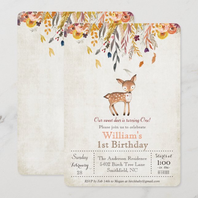 Invitación al primer cumpleaños de Baby Deer Fall (Anverso / Reverso)