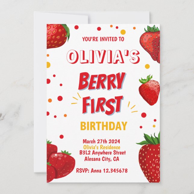 Invitación al Primer Cumpleaños de Berry Fiesta de (Anverso)