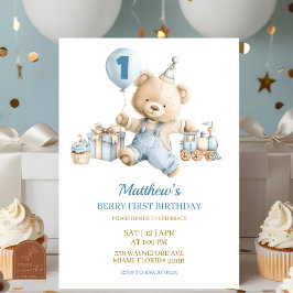 invitación al primer cumpleaños de Blue Bear Boy B