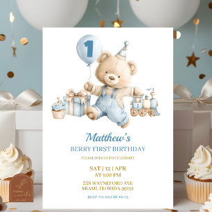 invitación al primer cumpleaños de Blue Bear Boy B