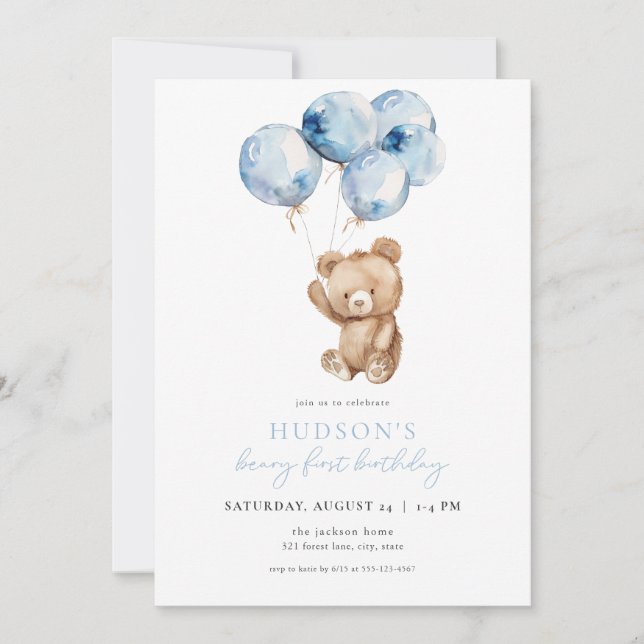 Invitación al primer cumpleaños de Blue Boy Beary (Anverso)
