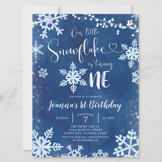 Invitación al primer cumpleaños de Blue Winter Sno (Anverso)