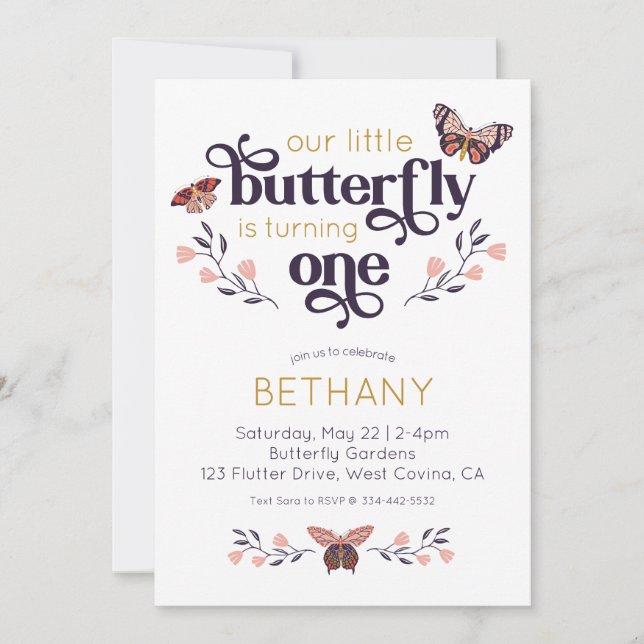 Invitación al primer cumpleaños de Boho Butterfly (Anverso)