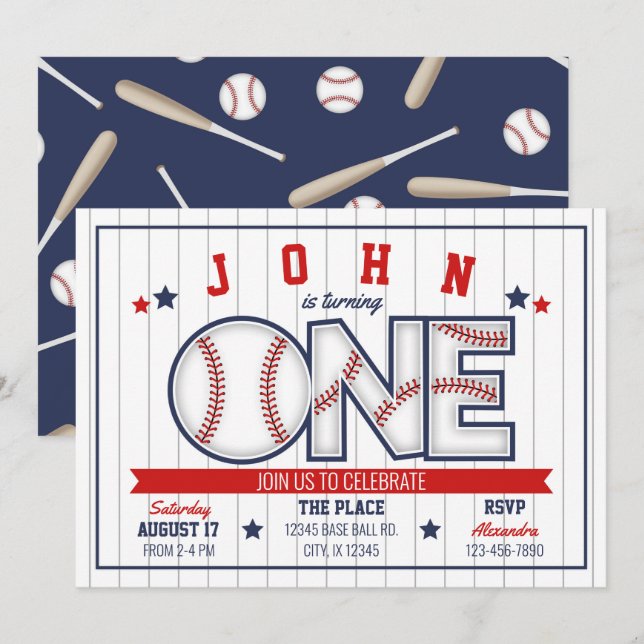 Invitación al primer cumpleaños de Boy Baseball (Anverso / Reverso)