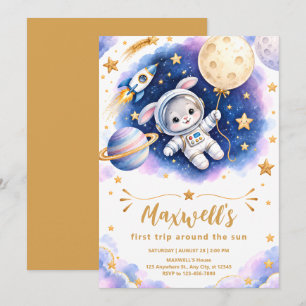 Invitación al primer cumpleaños de Bunny Astronaut