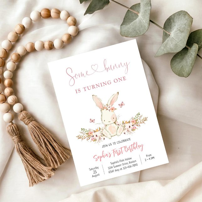Invitación al Primer Cumpleaños de Bunny Floral (Subido por el creador)