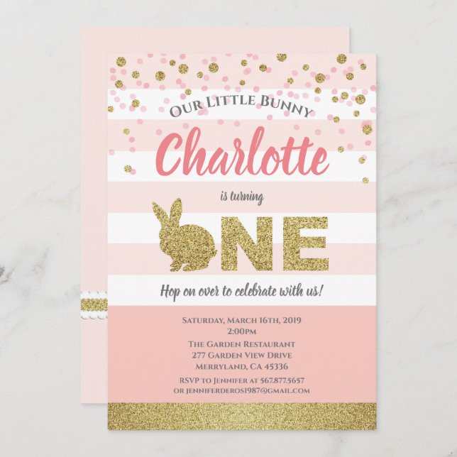 Invitación al primer cumpleaños de conejita rosa y (Anverso / Reverso)