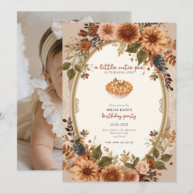 Invitación al Primer Cumpleaños de Cutie Pie (Anverso / Reverso)