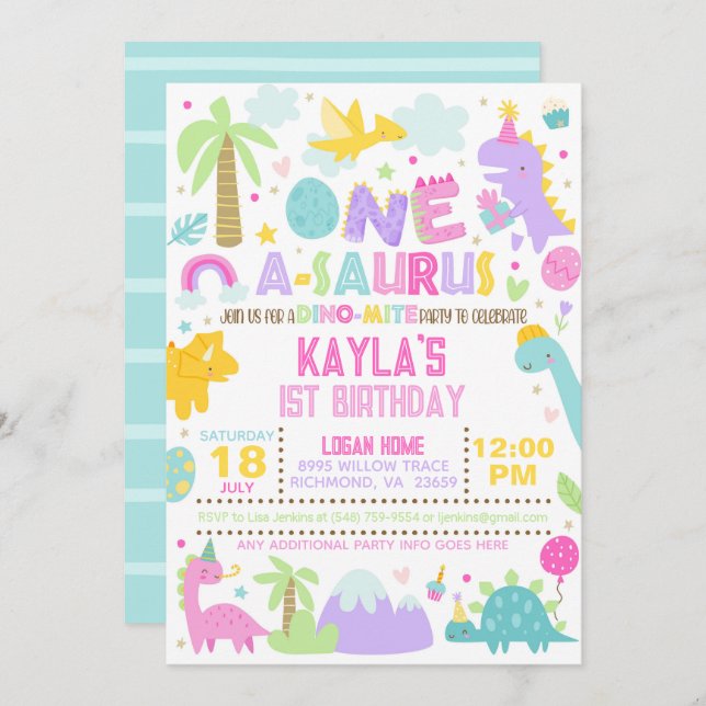 Invitación al primer cumpleaños de Dinosaur ONE A- (Anverso / Reverso)