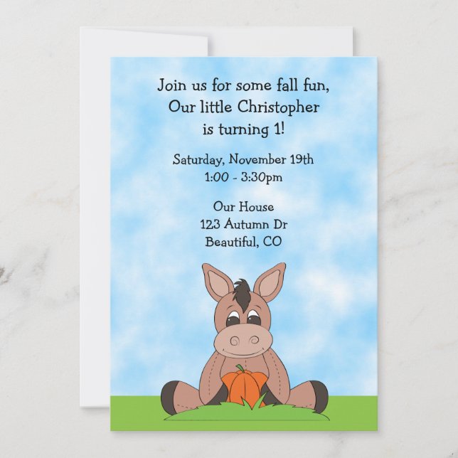Invitación al primer cumpleaños de Donkey de otoño (Anverso)