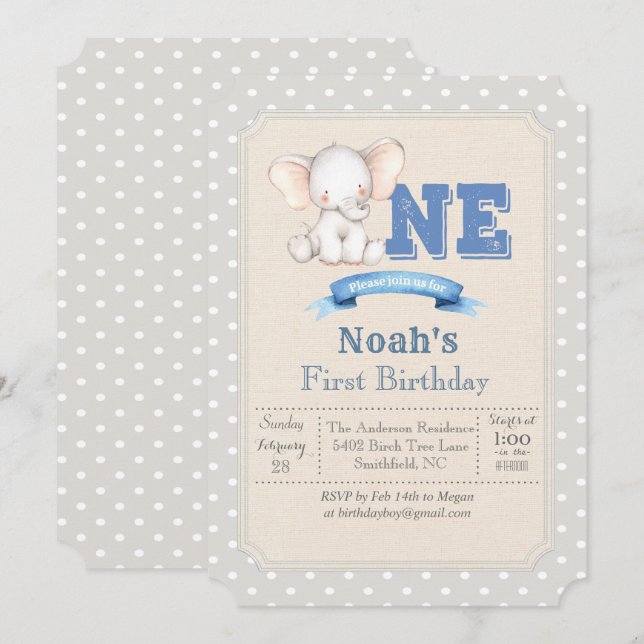 Invitación al primer cumpleaños de Elephant Boy (Anverso / Reverso)