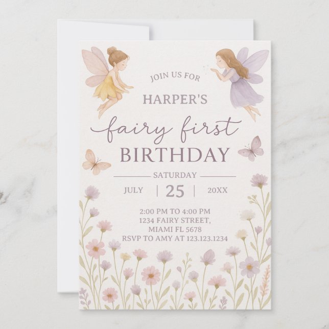 Invitación al primer cumpleaños de Fairy Garden (Anverso)
