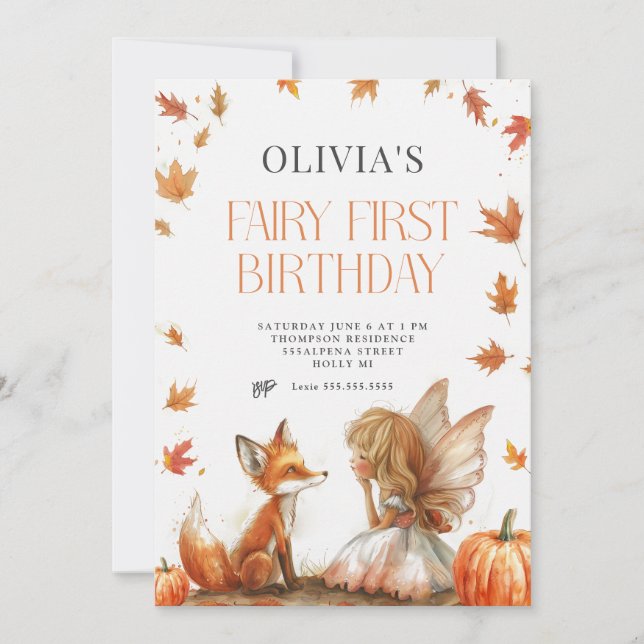 Invitación al primer cumpleaños de Fall Fairy con  (Anverso)