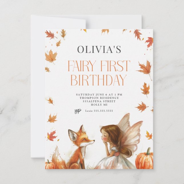 Invitación al primer cumpleaños de Fall Fairy con  (Anverso)