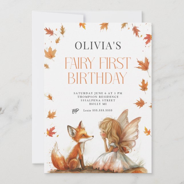 Invitación al primer cumpleaños de Fall Fairy con  (Anverso)