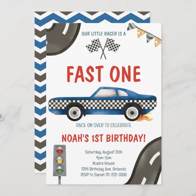 Invitación al primer cumpleaños de Fast One Blue R (Anverso / Reverso)