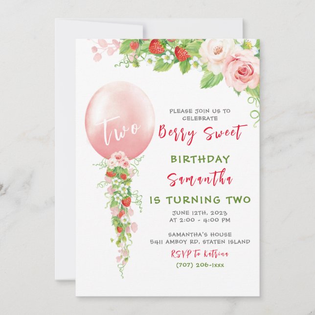 Invitación al primer cumpleaños de fresa (Anverso)