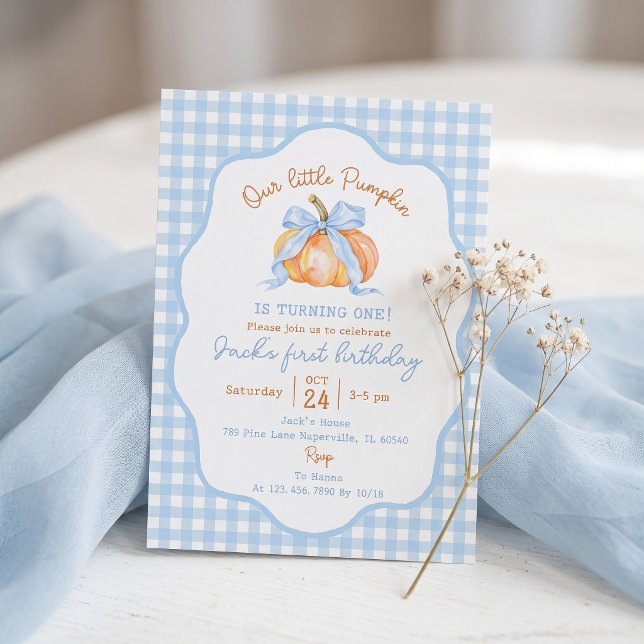 Invitación al Primer Cumpleaños de Gingham Azul y  (Subido por el creador)