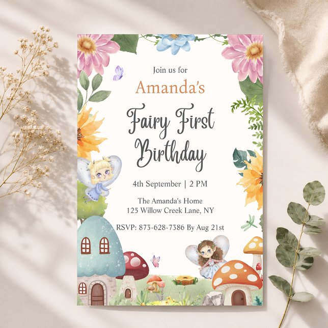 Invitación al primer cumpleaños de hada (Front)