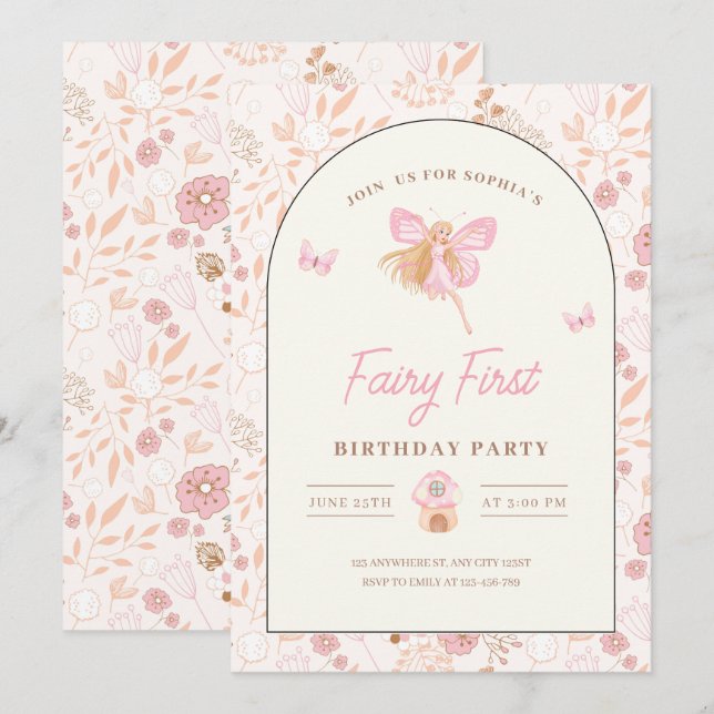 Invitación al Primer Cumpleaños de Hada, Cumpleaño (Anverso / Reverso)