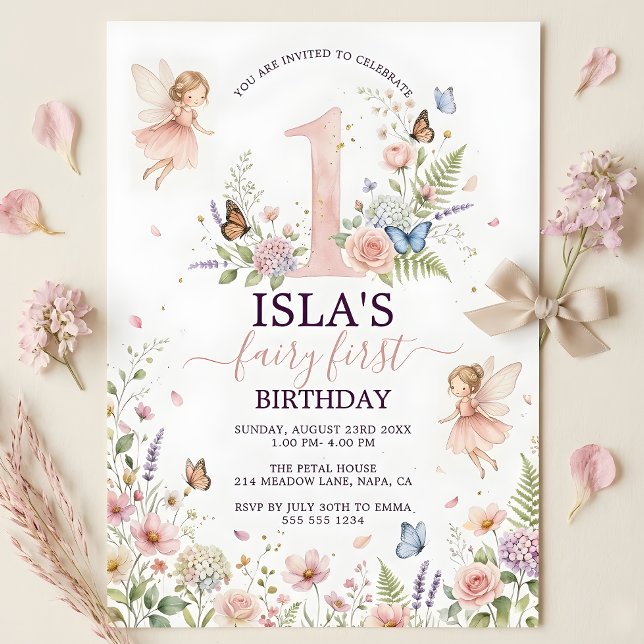 Invitación al primer cumpleaños de hada floral ros (Pink Floral Fairy First Birthday Invitation)