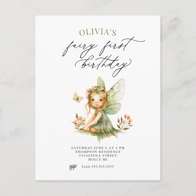 Invitación al primer cumpleaños de hada linda (Anverso)