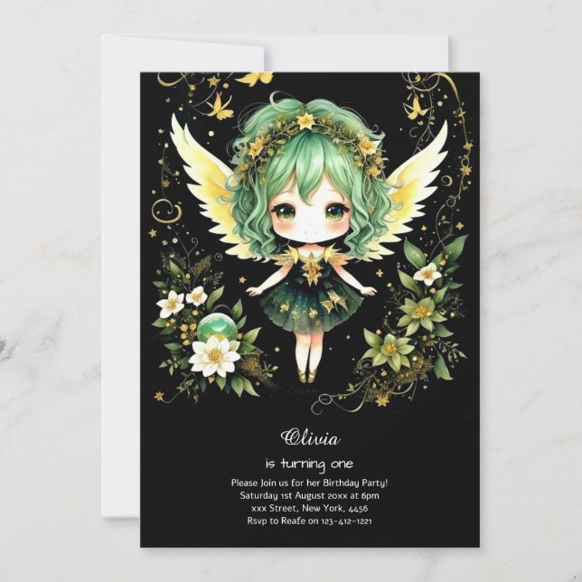 Invitación al primer cumpleaños de hadas (Anverso)