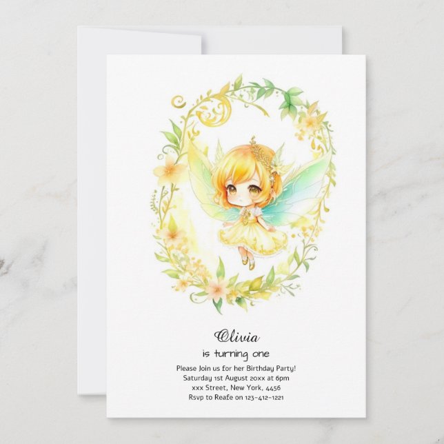 Invitación al primer cumpleaños de hadas (Anverso)
