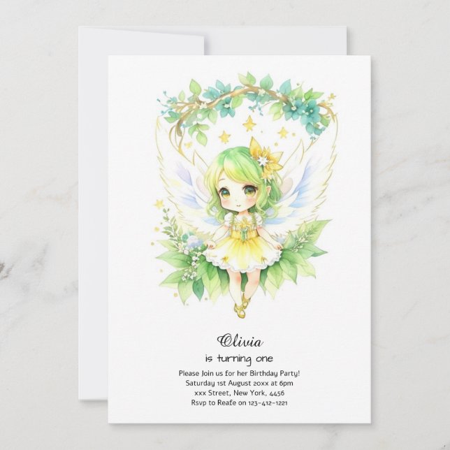 Invitación al primer cumpleaños de hadas (Anverso)