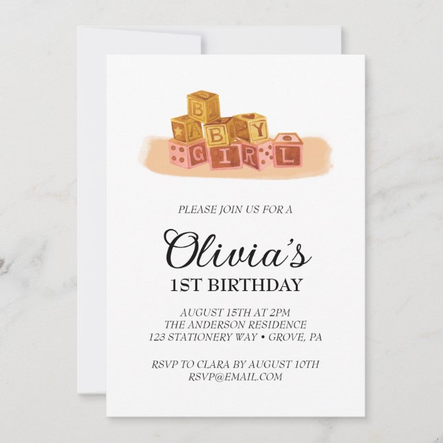 Invitación al primer cumpleaños de la bebé (Anverso)