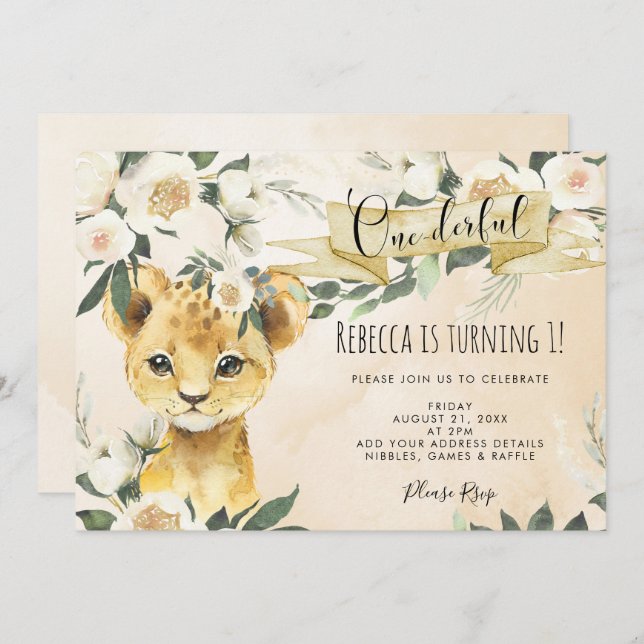 invitación al primer cumpleaños de león cub floral (Anverso / Reverso)