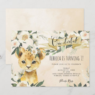 invitación al primer cumpleaños de león cub floral