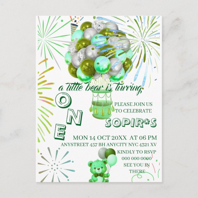 Invitación al primer cumpleaños de Little Bear con (Anverso)