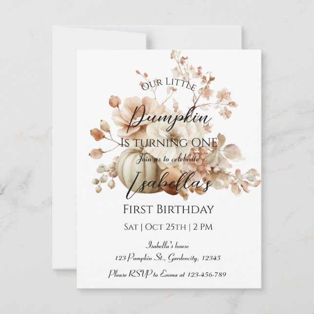 Invitación al Primer Cumpleaños de Little Pumpkin  (Anverso)