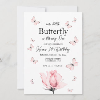 Invitación al primer cumpleaños de mariposa rosa