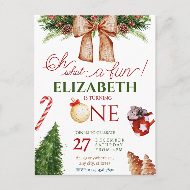 Invitación al primer cumpleaños de Navidad Oh Qué  (Anverso)