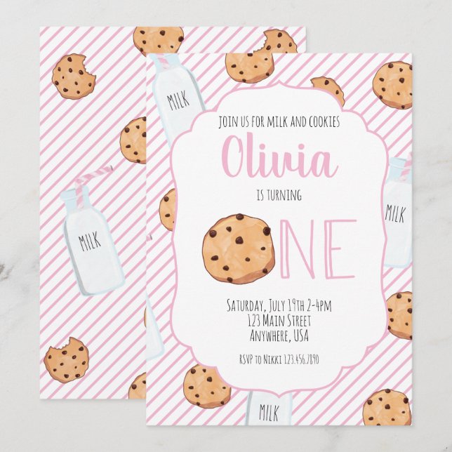 Invitación al primer cumpleaños de niña con leche  (Anverso / Reverso)