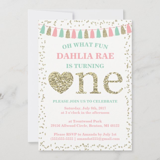 Invitación al primer cumpleaños de niña rosa menta (Anverso)