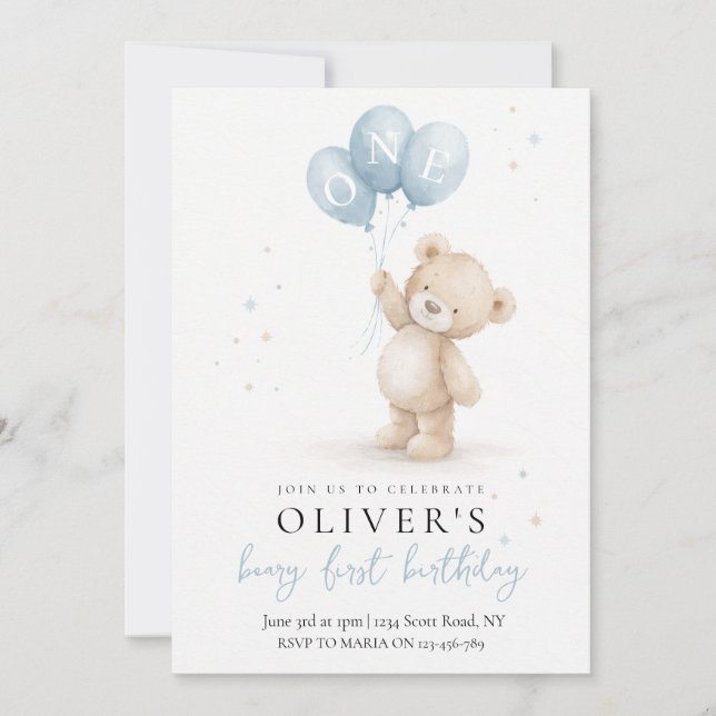 Invitación al primer cumpleaños de oso (Anverso)