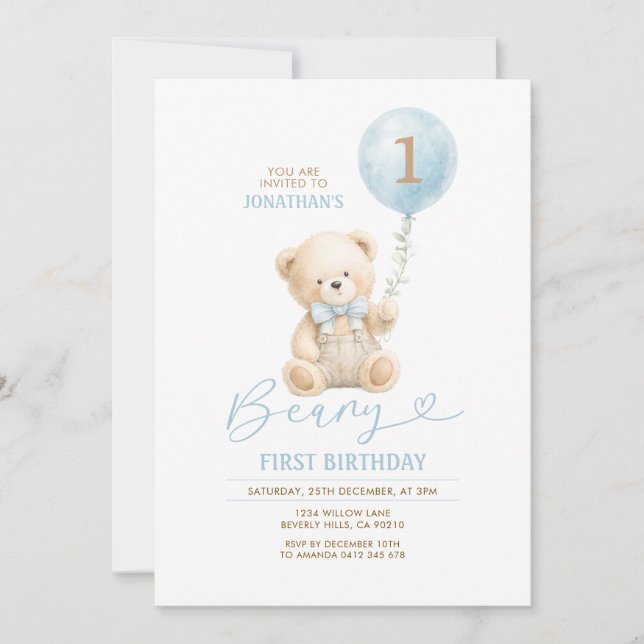 Invitación al Primer Cumpleaños de Oso Niño Globo  (Anverso)
