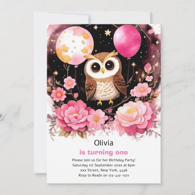 Invitación al primer cumpleaños de Owl Chica (Anverso)